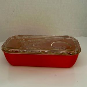 Jeanette Glass Company Orange Rectangular Refrigerator Dish and Lid